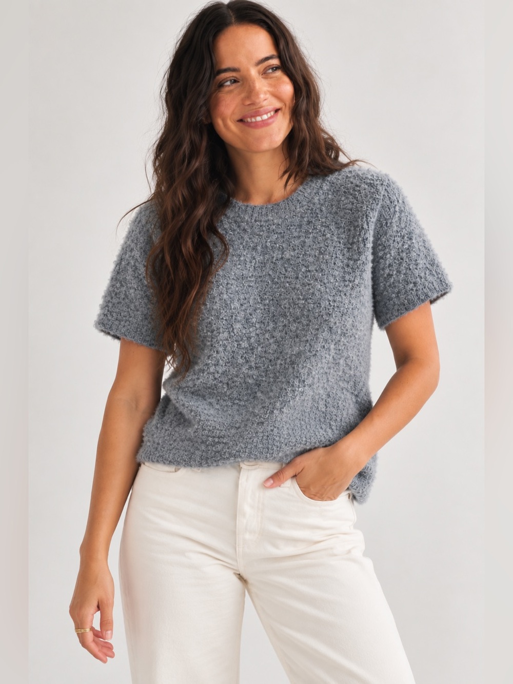 NWOT Carly Jean Los Angeles Grey Fuzzy Textured Short Sleeve Sweater Top Size S